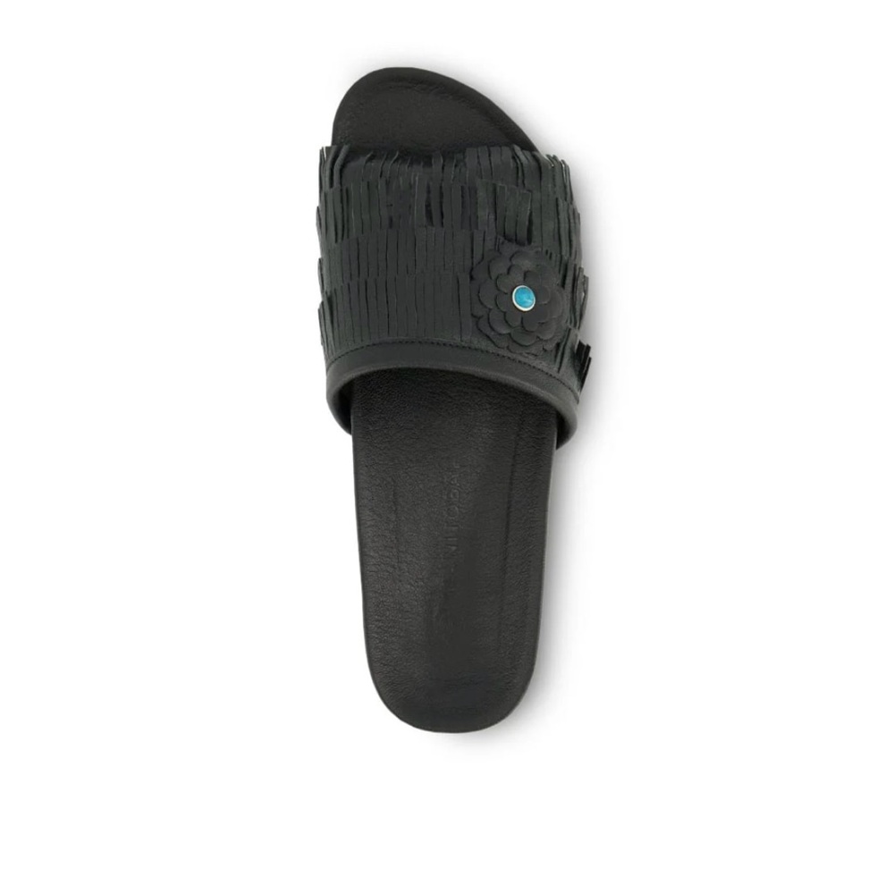 Manitobah Mukluks Wasaga Leather Fringe slide Sandal 8 Black NIB - Picture 3 of 5